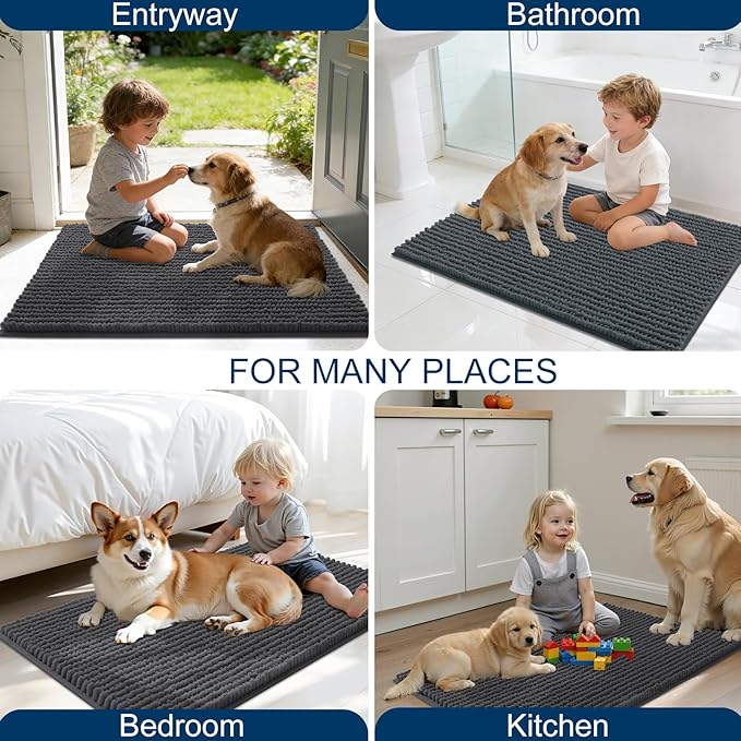 OLANLY Dog Door Mat for Muddy Paws 47x24, Ultra Absorbent Chenille Mud Doormat, Non-Slip Washable and Dirt Trapping Doormat for Indoor Entryway, Quick-Dry Indoor Pet Bed Mats for Dogs, Dark Grey