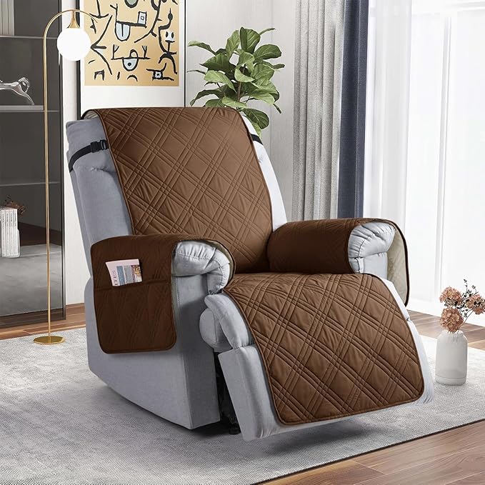 TAOCOCO 100% Waterproof Recliner Chair Covers, Non Slip Recliner Covers for Recliner Chair with Pocket, Washable Reclining Chair Cover Furniture Protector for Kids,Dogs(22'', Brown)