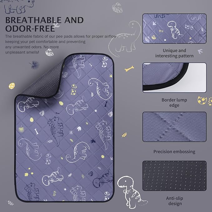 IEUUMLER Washable Pee Pads for Dogs, 2 Pack Non-Slip & Waterproof Whelping Pad, Reusable Puppy Potty Training With Fast Absorbent for Playpen EU007 (Gray Dinosaur, 31"X36"-2pcs)
