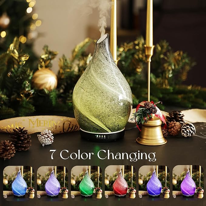 Porseme 280ml Essential Oil Diffuser Glass Color Changing Aroma Air Diffusers Aromatherapy Ultrasonic Cool Mist Humidifier 7 Running Hours Waterless Auto-Off for Sleeping, Yoga, Office, Spa (Obsidian)