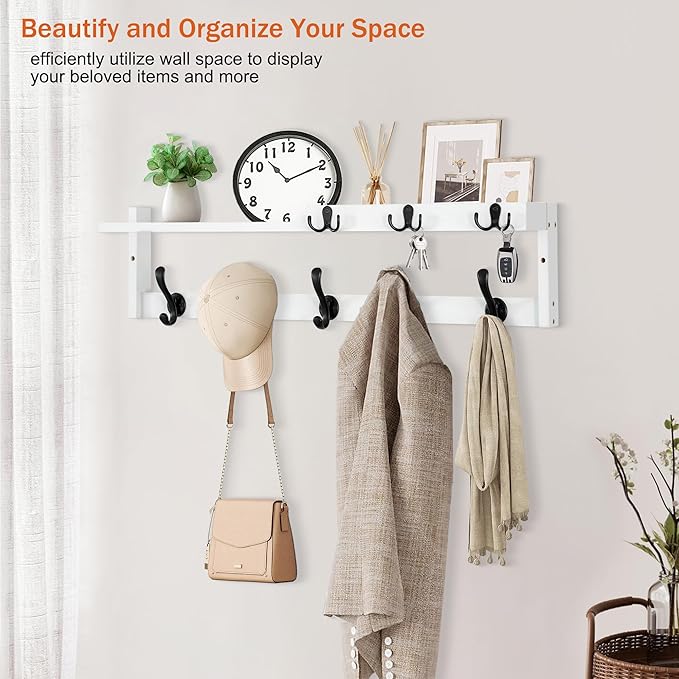 29'' Coat Rack Wall Mount with Shelf, Coat Hanger Wall Mount with Key Hooks and Mail Holder, Wood Entryway Floating Shelf with Hooks and Storage, Hat Rack for Wall Key Holder Mail Organizer
