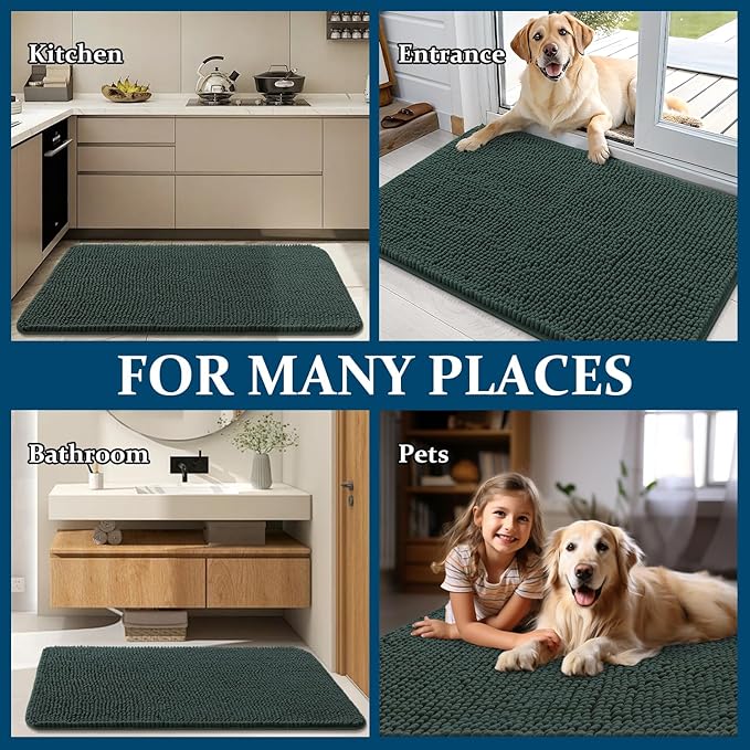 OLANLY Dog Door Mat for Muddy Paws 40x24, Absorbs Moisture and Dirt, Absorbent Non-Slip Washable Doormat, Quick Dry Chenille Mud Mat, Entry Indoor Entryway Carpet for Inside Floor, Blackish Green