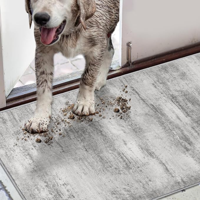 COMSLE Door Mat, Front Door Mat Indoor for Entrance Faux Wool Absorbent Non Slip Modern Throw Rug for Entryway Hallway Muddy Paws - Pet Friendly, 20x32 Inches,Linear Gray Machine Washable