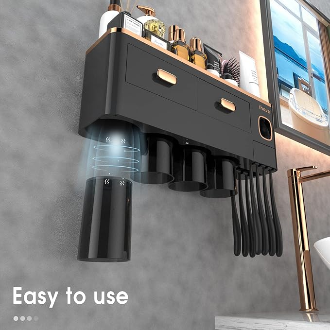 iHave Toothbrush Holders Wall Mounted with Toothpaste Dispenser & 4 Cups - Luxury Black and Gold Design for Bathroom Decor, All-in-One Bathroom Organizers & Storage for Toothbrushes and Accessories