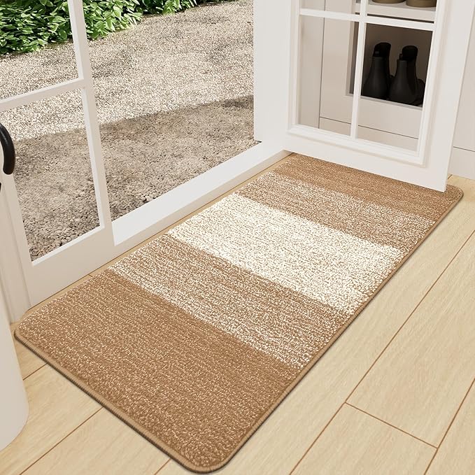 Kitinjoy Indoor Outdoor Door Mat, 71x24 Non-Slip Absorbent Dirt Trapper, Low-Profile Washable Inside Entrance Front Floor Mat, Sturdy Soft Entry Doormats for Entryway, Camel