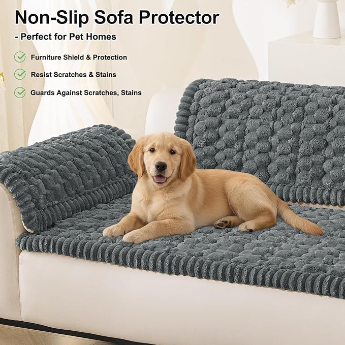 Smiry Pet Couch Cover for 3 Cushion Sofa, Non-Slip Fuzzy Couch Cover for Dogs Washable, Thick Soft Sofa Slipcovers Cushion Protector Pet Friendly (Dark Grey, 27.6" x 27.6")