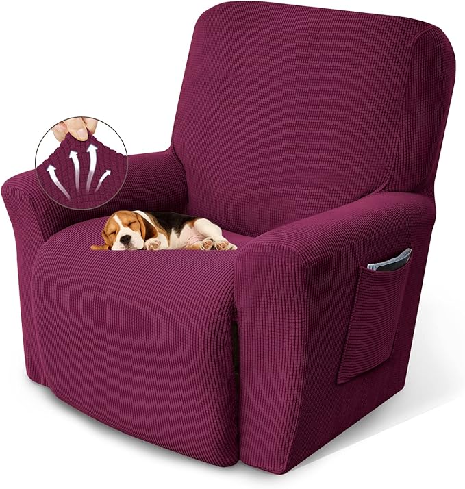 KEKUOU Recliner Chair Covers Lazy Boy Recliner Covers Stretch Couch Cover Slipcovers 1 Piece Furniture Protector with Elastic Bottom for Dog,Kids.(Recliner, Wine)