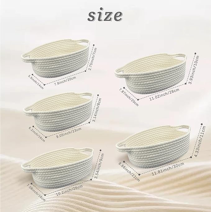 5-Piece White Rectangle Storage Basket Set, Woven Rope Sturdy Cotton Organizer Bins for Shelves, Pantry, Bathroom, Nursery & Bedroom Decor Small Organizer Bins (Beige)