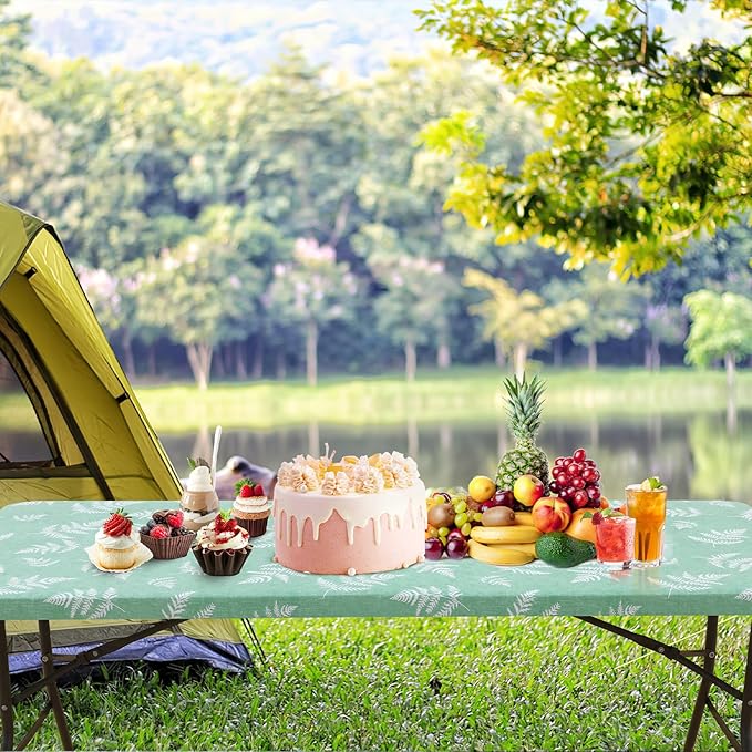 misaya Rectangle Vinyl Tablecloth, Fitted Table Cover, 100% Waterproof, Elastic Edge, Plastic Table Cloth Fit Folding Tables for Picnic, Camping, Outdoor (Light Green Leaves, 36x72 inch)