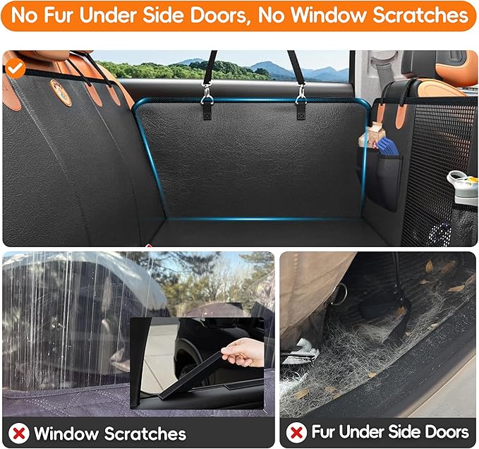 2-In-1 Heavy-Duty Hard Bottom Dog Hammock for Car, 100% Waterproof PU Leather Backseat Cover, Zipper Side Flaps, Non-Slip Extender for Large/Elderly Dogs & Multi-Dog Families,Fits Sedan/SUV/Med.Truck