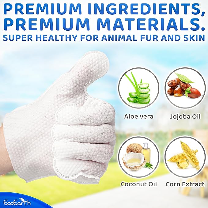 Premium Pet Wipes for Dogs & Cats - 12 Pcs - Disposable Washing Gloves for Bath & Grooming - Clean & Dry Paws, Fur, Face, Ears, Butt & Body - Hypoallergenic, Lick-Safe & Waterless Cleaning Gloves