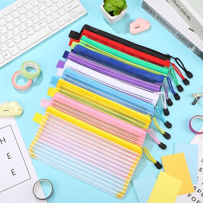 Leelosp 80 Pcs Mesh Zipper Pouch Bulk Back to School Pencil Storage Pouch Mesh Cosmetics Bags Toiletry Makeup Bags for Office Travel Organization(Solid Color,9 x 4.7 Inch)