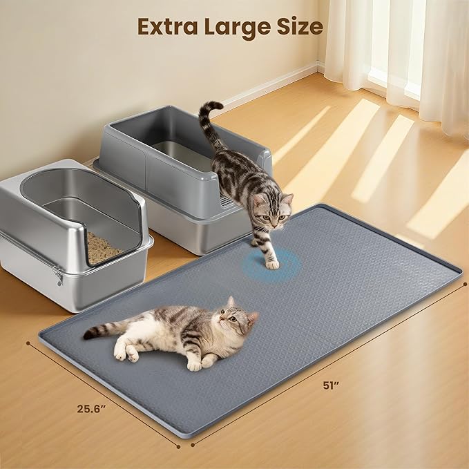 Silicone Cat Litter Mat, XXL 51''×25.6'' Litter Box Mat, Waterproof Floor Mat for Pets, Litter Trapping, Easy to Clean, Soft on Paws (Dark Grey)