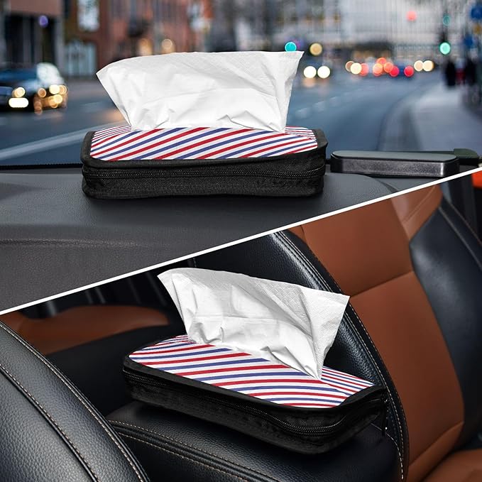 Car Tissue Holder Car Napkin Holder Car Tissue Box Dispenser Storage Case Sun Visor Mask Holder with Adjustable Straps Reusable Refillable Red and Blue Stripes