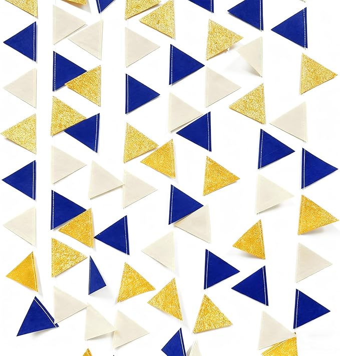 Blue Gold Beige Party Decoration Royal Gold Glitter Felt Hanging Triangle Mini Bunting Pennant Banner Flag for Birthday Wedding Graduation Baby Shower Nautical Ahoy Achor Party Nursery Classroom Decor