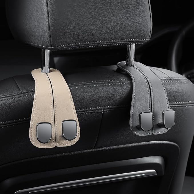 2 Pack KAFANLIN Car Headrest Hooks for Purses and Bags Cute Leather Car Seat Back Head Rest Double Hooks for Bags Cute Pink Beige Car Accessories Headrest Back Seat Handbags Hook (Gray 2 Pack)