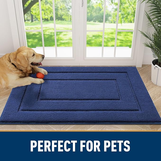 Smiry Dog Door Mat for Muddy Paws, Absorbs Moisture and Dirt, Low-Profile Entryway Mat with Non-Slip Backing, Entry Indoor Outdoor Doormat for Inside Floor (30x20 Inches, Navy Blue, Bordered)