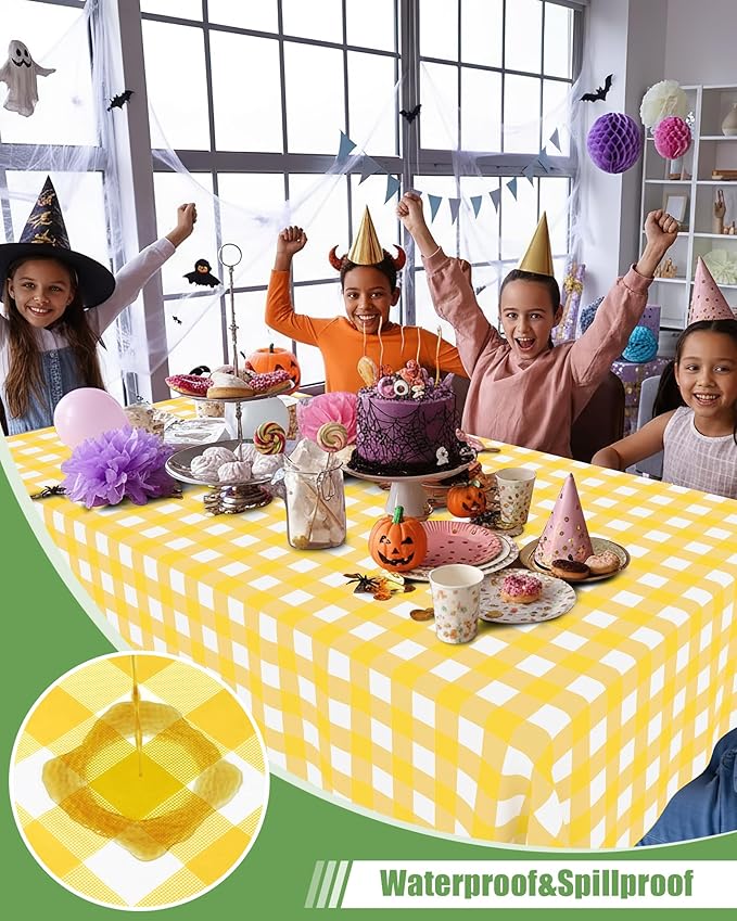 Smiry 20 Packs Gingham Disposable Table Cloth, 54 x 108 Inch Waterproof Plastic Tablecloth, Rectangle Yellow and White Checkered Table Covers for Picnic, Birthday, Party