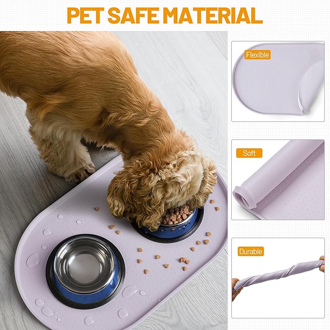 Hubulk 100% Waterproof Silicone Pet Feeding Mat with Raised Edge for Food and Water, Dog Bowl Mats, Cat Bowls Placemat with High Lip Protects Floor for Cats and Dogs (Dove, 24" L x 16" W)