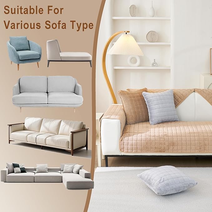 KaviKon Couch Cover Sofa Covers Washable, Velvet Fuzzy Sofa Slipcovers for 4 Cushion Couch, Non-Slip Furniture Protector for Dog Pet, L Shaped Recliner Sectional Couch Cover Khaki,36"X94"(Only 1 Pcs)