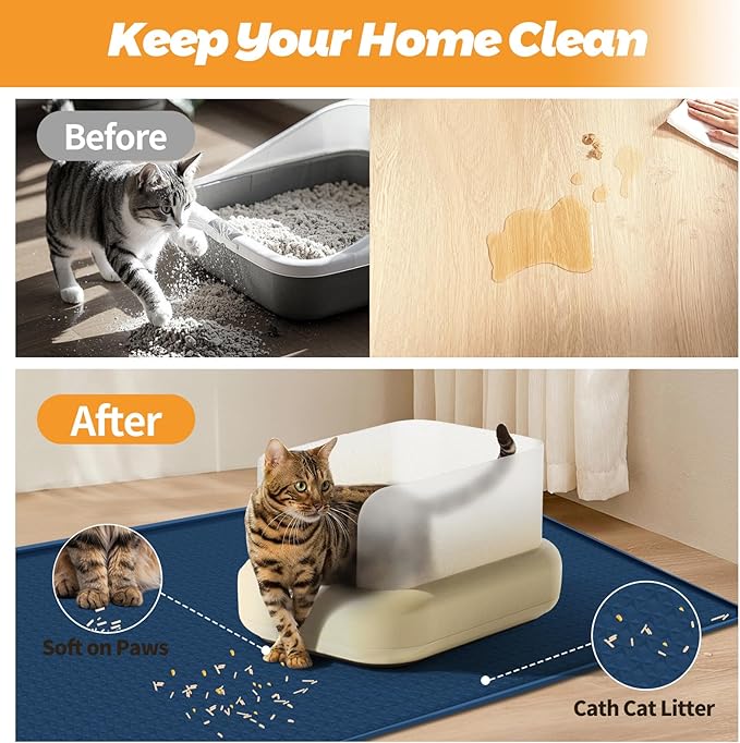 Bartuke Cat Litter Mat, Extra Large 51" x 25.6" Silicone Mat Litter Trapping Mat for Scatter Control, Soft on Kitty Paws, Easy to Clean (Navy Blue)