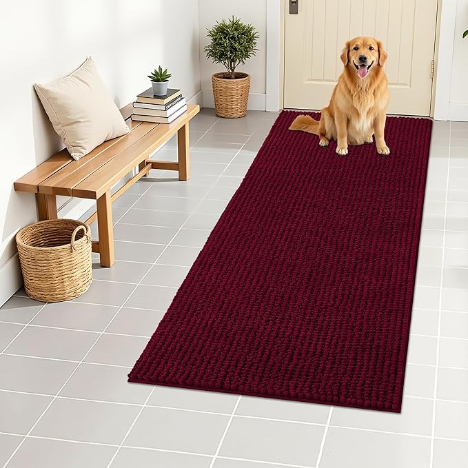 OLANLY Dog Door Mat for Muddy Paws 47x24, Ultra Absorbent Chenille Mud Doormat, Non-Slip Washable and Dirt Trapping Doormat for Indoor Entryway, Quick-Dry Indoor Pet Bed Mats for Dogs, Burgundy