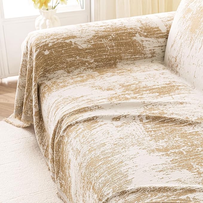 hyha Couch Cover for Dogs, Boho Sofa Covers for 3 Cushion Couch Washable, Chenille Sofa Slipcover for Pets, Soft Loveseat Sectional Couch Throw Blankets with Tassels (Khaki/White, 71x150 Inch)
