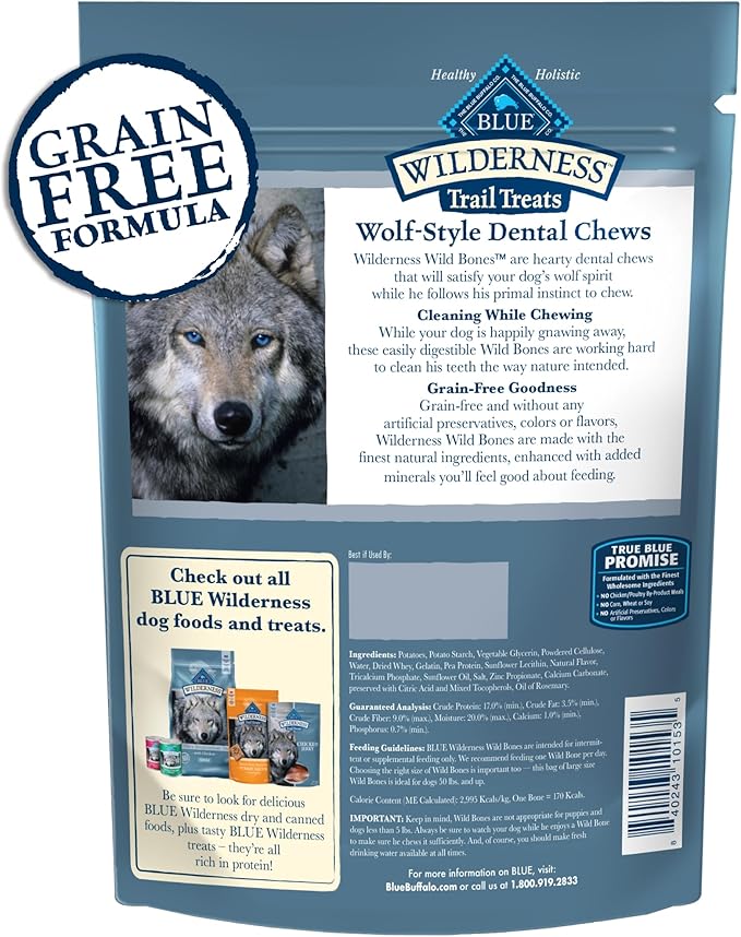 Blue Buffalo Wilderness Trail Treats Wild Bones Large Dental Chews, Grain-Free Dog Bones For Large Dogs Made with Natural Ingredients, 10-oz Bag