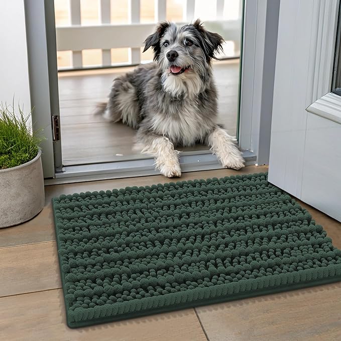 Smiry Dog Door Mat for Muddy Paws 24x16, Extra Soft Absorbent Chenille Doormat, Trap Moisture and Dirt, Non-Slip Machine Washable Front Door Mat for Indoor Entrance Inside Floor, Green