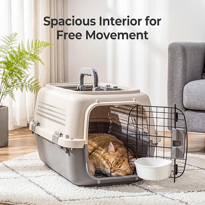 NEWBULIG 23" Hard-Sided Dog Carrier, Plastic Cat & Dog Crate, 4-Sided Ventilation Travel Pet Kennel, Top & Front Door Access, Integrated Food Bowl, for Small Pets up to 22 lbs, Beige & Grey