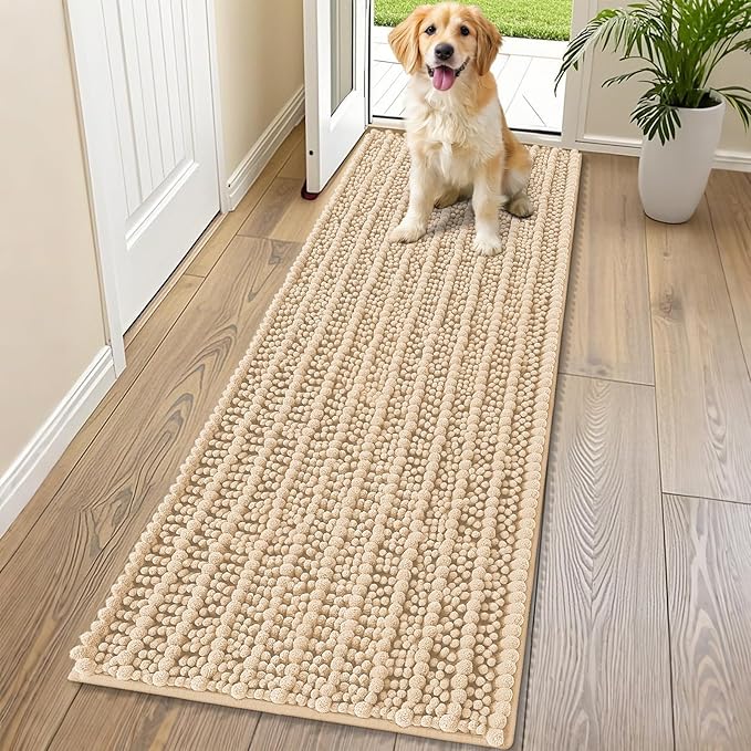 Smiry Dog Door Mat for Muddy Paws 70x24, Extra Soft Absorbent Chenille Doormat, Trap Moisture and Dirt, Non-Slip Machine Washable Front Door Mat for Indoor Entrance Inside Floor, Beige