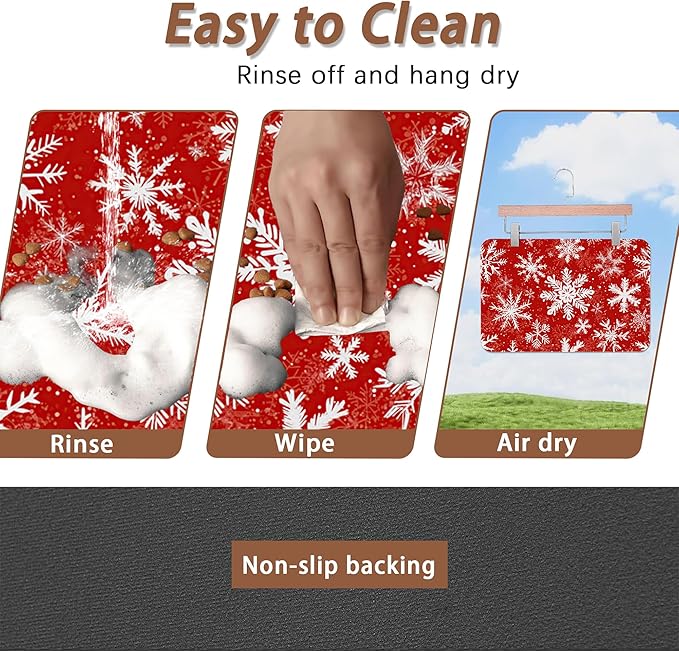 Christmas Dog Food Mat for Floors,Snowflake Absorbent Pet Food and Water Bowl Mats,Non-Slip Pet Feeding Mat,Pet Supplies 16" x 24"