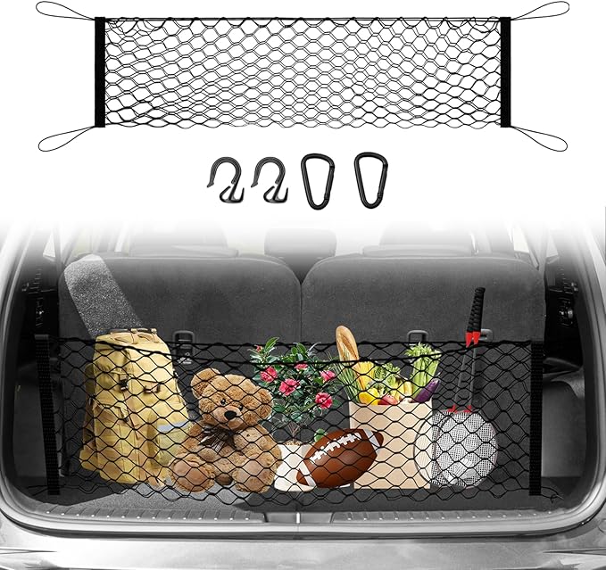 Trunk Cargo Net for 2014-2025 2026 Kia Sorento Accessories Envelope Style Mesh Trunk Net Organizer and Storage Stretchable Adjustable Elastic Nylon Rear Cargo Netting with Hooks