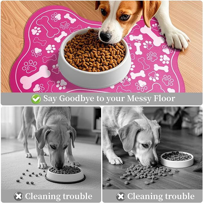 Dog & Cat Food Mat Bone Shaped Pet Feeding Mat Quick Absorb Water Bowl Placemat with Rubber Backing Indoor Floor Stain Resistant Pet Accessory Supplies (Pink, 17x29 Inches)