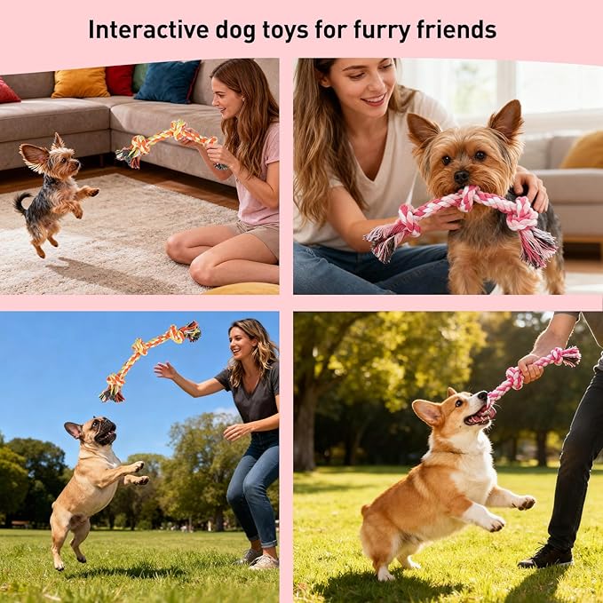 SZEE Dog Rope Toy 2 Pack, Rope Toys for Dogs, Chew Ropes for Small Breeds Puppies, Pull Toy for Tug of War, Energy Release, Boredom Relief and Teeth Cleaning, 3 Knots 14 inches (Pink & Orange)