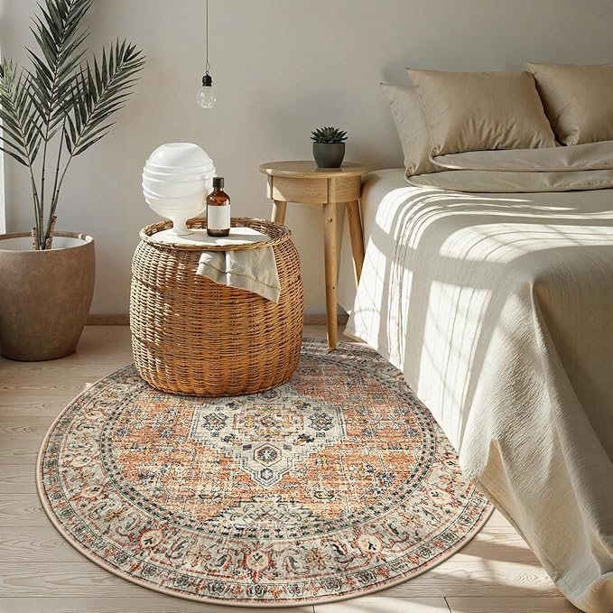 Lahome Oriental Washable Round Rugs, Non-Slip Round Rug 4ft Ultra-Thin, Vintage Soft Small Circle Carpet for Entryway Kitchen Bedroom Nursery Bathroom Eleanor, Peach/Orange