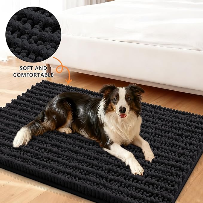 Smiry Dog Door Mat for Muddy Paws 40x32, Extra Soft Absorbent Chenille Doormat, Trap Moisture and Dirt, Non-Slip Machine Washable Front Door Mat for Indoor Entrance Inside Floor, Black