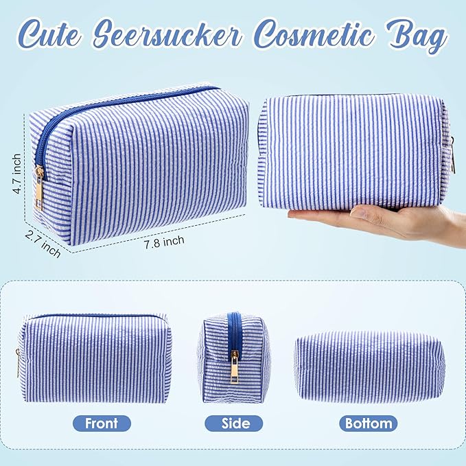 Sanwuta 12 Pcs Seersucker Cosmetic Bags Bulk Seersucker Makeup Bags Stripe Women Pouch Large Preppy Storage Pouch Toiletry Travel Organizer for Wedding Bridesmaid Bride Favor Mom Gift (Lake Blue)