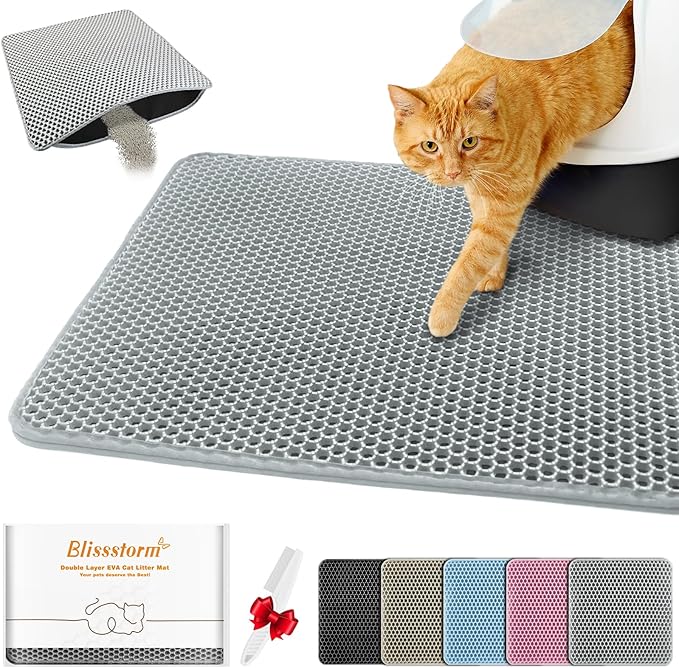 blissstorm Waterproof Cat Litter Mat, Double Layer EVA, Odor-Free Large Grid, Urine Proof, Easy Cleanup 27 x 46, Gray