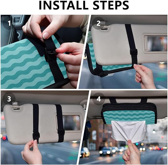 Car Tissue Holder Car Napkin Holder Car Tissue Box Dispenser Storage Case Sun Visor Mask Holder with Adjustable Straps Reusable Refillable Sea Wave