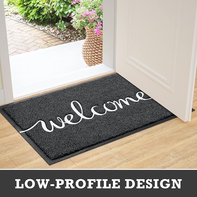 Black Door Mat Welcome Mats Outdoor Indoor Non-Slip Doormat for Entryway Low-Profile Floor Mat for Yard, Garage, High Traffic Areas (36"x24", Black)