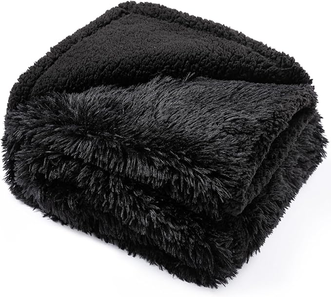 Wowchine Calming Fleece Cat Blankets Black Waterproof Pets Blanket for Dogs Reversible Long Faux Fur Puppy Throw Blankets(Black,L)