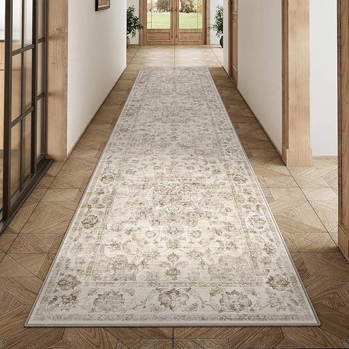 2x14 Washable Neutral Runner Rug Beige Vintage Hallway Kitchen Carpet Non-Slip Soft Low Pile Farmhouse Throw Rug for Bedroom Bathroom Laundry Living Room
