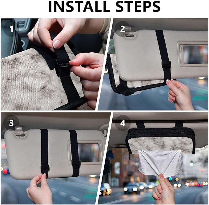 Car Tissue Holder Car Napkin Holder Car Tissue Box Dispenser Storage Case Sun Visor Mask Holder with Adjustable Straps Reusable Refillable Marble Grey