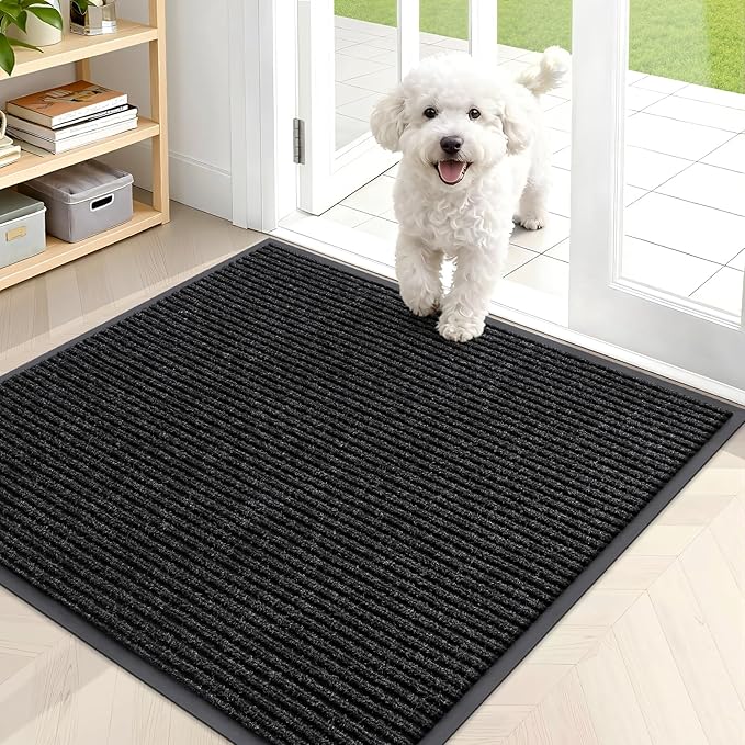 OLANLY Front Door Mat Indoor Outdoor Entrance, Waterproof Heavy Duty Doormat, Fade Resistant, Low Profile, Easy Clean Patio Porch Welcome Floor Mats for Entry, 35x30, Off-Black