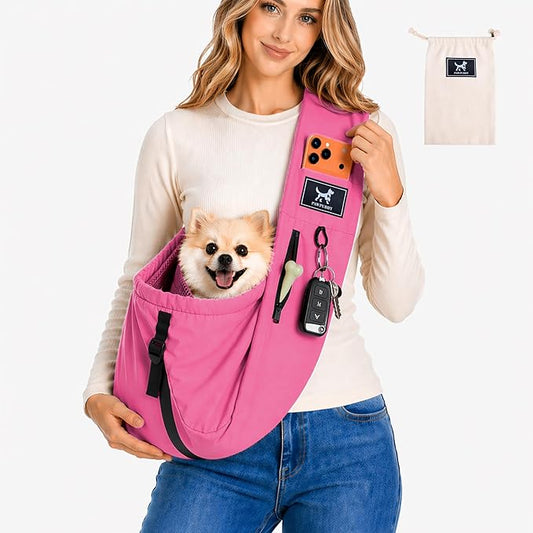 Pet Sling Carrier for Small Dogs and Cats 5-20lbs, Dog Sling with Adjustable Depth, Breathable Air Mesh Puppy Travel Bag, Water Resistant Fabric, Double Safety Leash, Machine Washable,Fuchsia