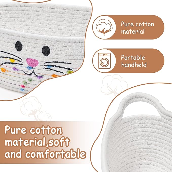 Small Woven Baskets for Organizing Rope with Handle Cute Cotton Basket for Nursery Gift Dog Cat Toy Storage Basket for Toy Organizer-White