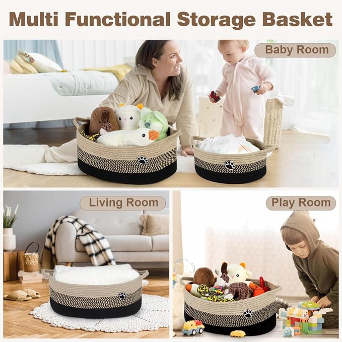Dog Toy Basket, Toy Box and Bin for Dog Cat Storage, 19.7" X 11" X 7.9" (30L) Large Woven Rope Basket for Blanket Storage, Living Room, Bedroom, Black & Brown