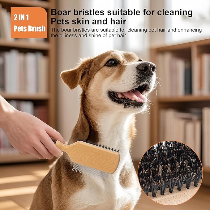 GROOMAGE 2 in 1 Pin and Boar Bristle Brush for Dogs & Cats, Shedding Grooming Dog Brush for Short Haired Dogs, Cats, Pets with Beech Wood Rubber Handle