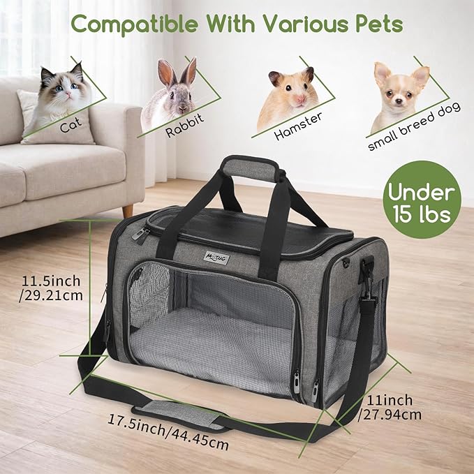 Pet Carrier for Cats & Small Dogs, Travel Carrier with Anti-Collapse Support, Chew Resistant Buckles, Luggage Sleeve, Multi-Pocket Storage, Reversible Mat & Bowl (Gray, Medium (17.5"x11"x11.5"))